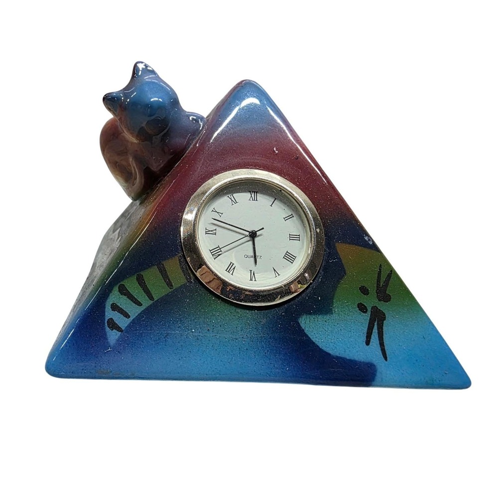 Signed D. Stiles‎ Ceramic Cat Quartz Clock Pyramid Colorful Unique Decor